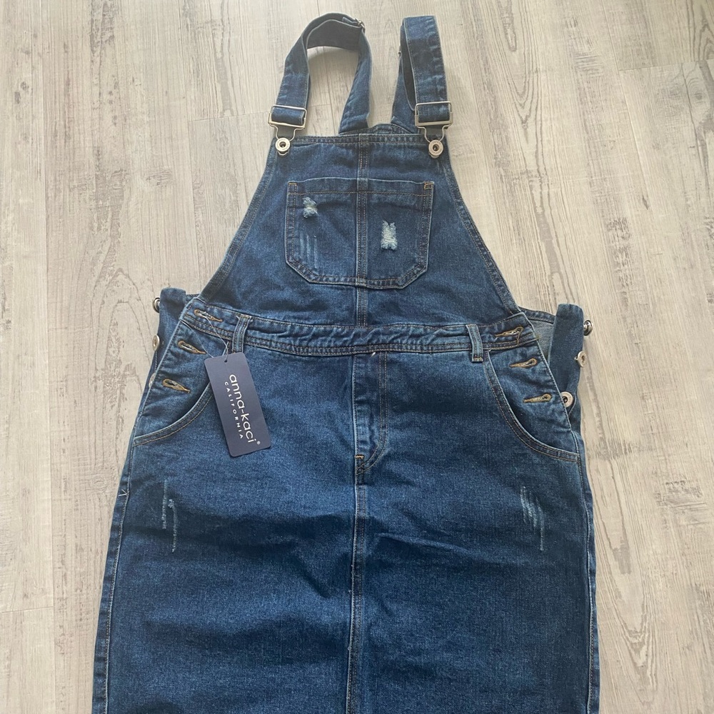 ANNA-KACI Junior Womens Distressed Denim Adjustable Strap Overall Dress.